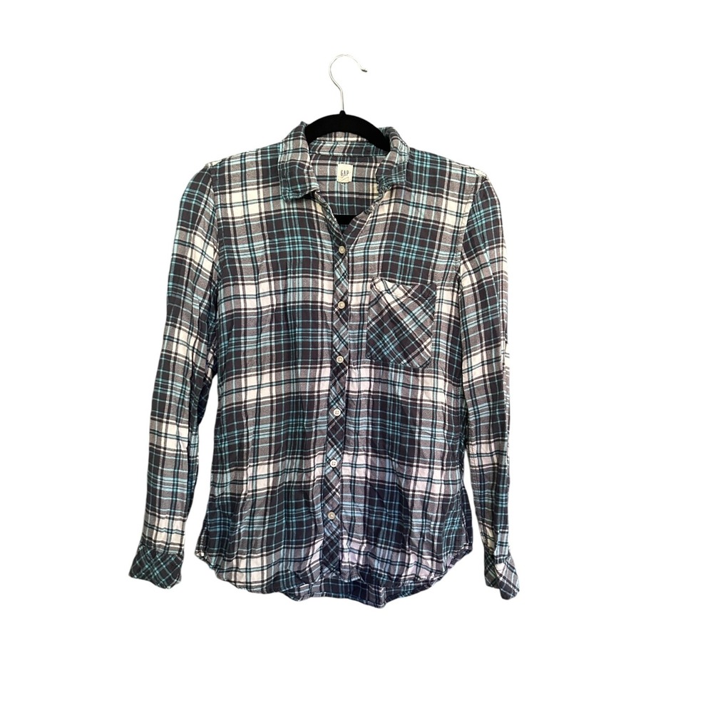 GAP Women's Blue White Plaid Button‑Up Shirt Long Sleeve Small
